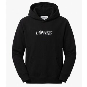 Awake NY Logo Pullover Hoodie Mens Medium Black White Embroidered Sweatshirt